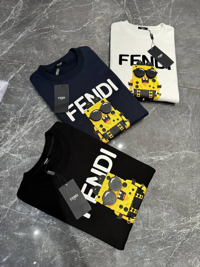 Fend*芬-迪24S新款秋冬圆领卫衣.男女同款！糖果色彩卡通设计字母立体印花，海绵宝宝造型品牌字母代入感强.魔术贴设计自由搭配～优选420G卫衣棉面料.舒适柔