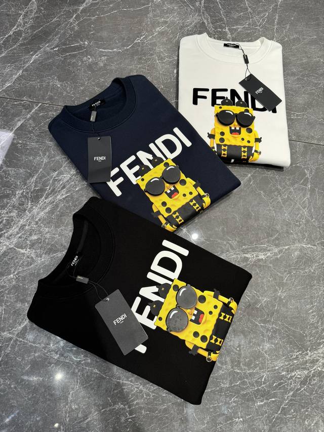 Fend*芬-迪24S新款秋冬圆领卫衣.男女同款！糖果色彩卡通设计字母立体印花，海绵宝宝造型品牌字母代入感强.魔术贴设计自由搭配～优选420G卫衣棉面料.舒适柔