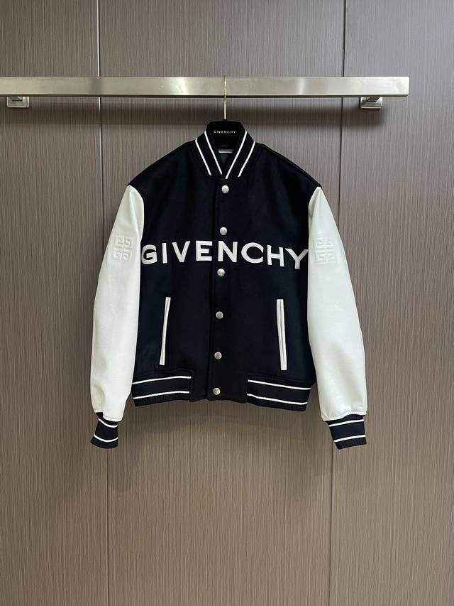 Givenchy 经典刺绣字母皮袖拼接羊毛呢棒球服夹克，整衣细节多，开发难度非常高，门襟的字母拼皮在刺绣前需要红外对位，日behringer刺绣机器制作绣花，高