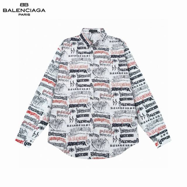 Balenciaga 巴黎 爆款来袭 龙年限定满印弹幕logo衬衫 2024Ss官网新款长袖 衬衫 衬衣，精美直喷logo 高端版本，专柜定制面料 透气舒适度高