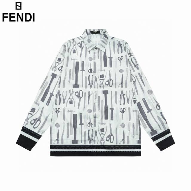 Fendi 芬迪 爆款来袭 走秀款工匠工具图案长袖衬衫 2024Ss官网新款长袖 衬衫 衬衣，精美数码印花 高端版本，专柜定制面料 透气舒适度高，精工制作，细节