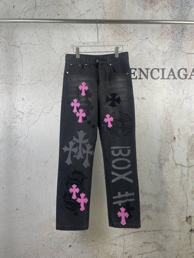 原单 款号：K066 上新 Chrome Hearts｜克罗心 24Ss 定制喷绘拼紫皮限量版牛仔裤- 克罗心里面颜色最能打的裤子啦啦啦 采用珠帆布面料，重工水