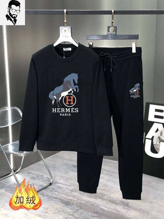 直 品牌 Hermes 爱马仕 加绒加厚 2024秋冬新品 ，明星最爱时装味休闲套装，干净利落剪裁 ，都市风十足 采用精品定制面料，内里保暖效果极佳，手感软糯干