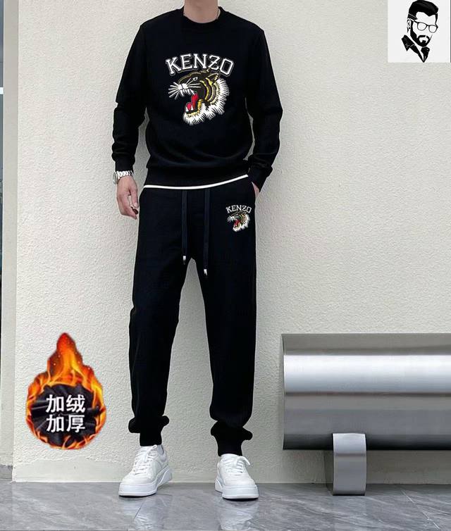 直 品牌 Kenzo 加绒加厚 2024秋冬新品 ，明星最爱时装味休闲套装，干净利落剪裁 ，都市风十足 采用精品定制面料，内里保暖效果极佳，手感软糯干爽，上身效