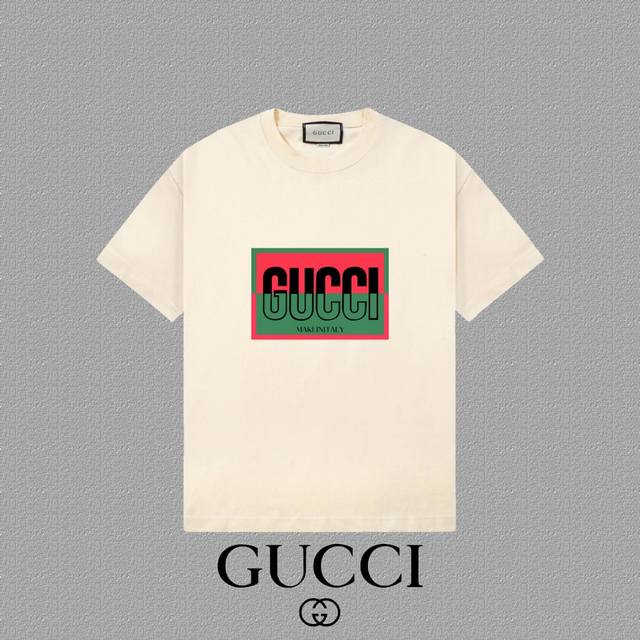 Gucci 古奇] 2025FW短袖T恤 LOGO印花 高端26s双纱300克面料 重磅面料 定制拉架罗纹同缸同染 三标齐全 男女同款 颜色：黑色 白色 杏色