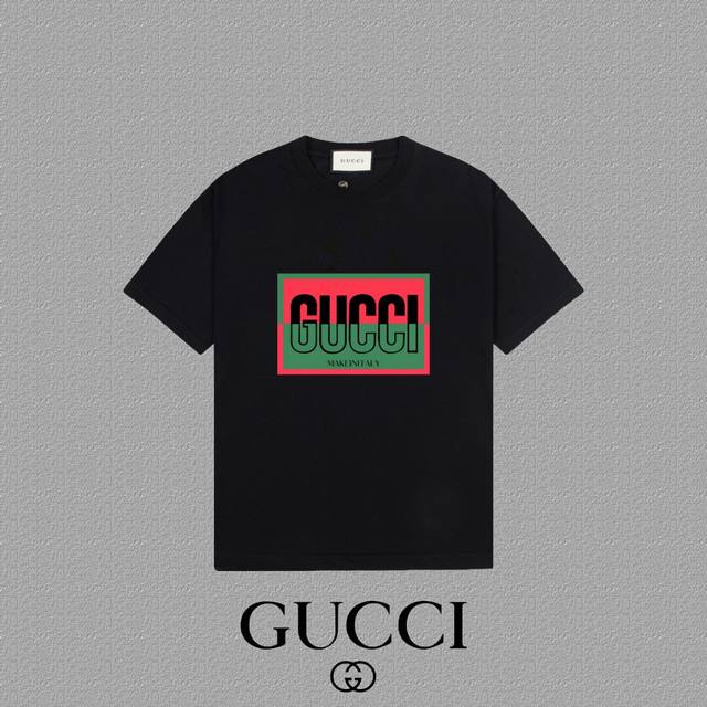 Gucci 古奇] 2025FW短袖T恤 LOGO印花 高端26s双纱300克面料 重磅面料 定制拉架罗纹同缸同染 三标齐全 男女同款 颜色：黑色 白色 杏色