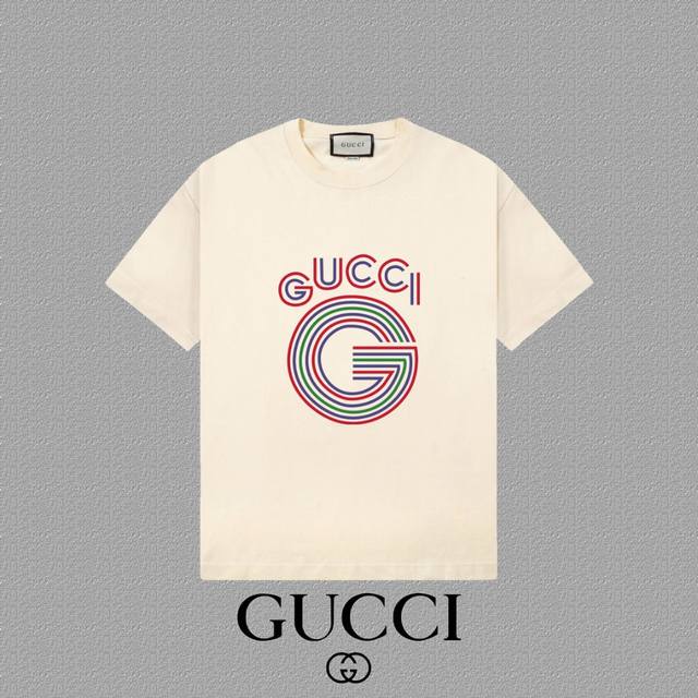 Gucci 古奇] 2025FW短袖T恤 LOGO印花 高端26s双纱300克面料 重磅面料 定制拉架罗纹同缸同染 三标齐全 男女同款 颜色：黑色 白色 杏色