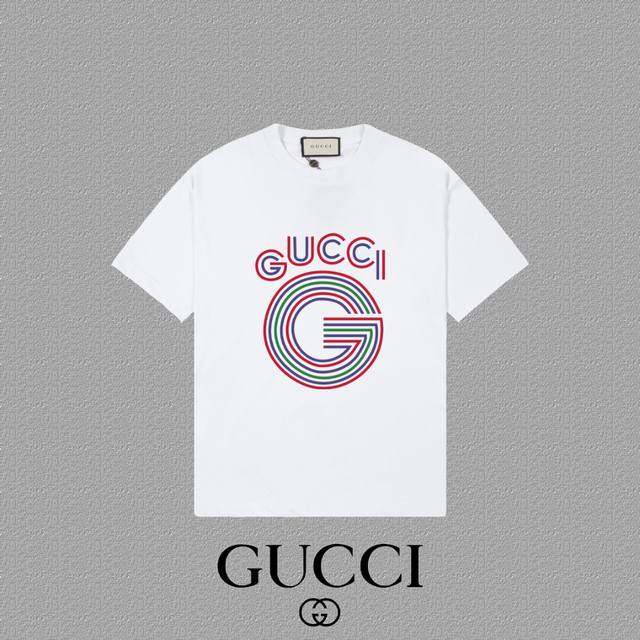 Gucci 古奇] 2025FW短袖T恤 LOGO印花 高端26s双纱300克面料 重磅面料 定制拉架罗纹同缸同染 三标齐全 男女同款 颜色：黑色 白色 杏色