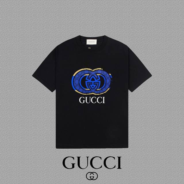 Gucci 古奇] 2025FW短袖T恤 LOGO印花 高端26s双纱300克面料 重磅面料 定制拉架罗纹同缸同染 三标齐全 男女同款 颜色：黑色 白色 杏色