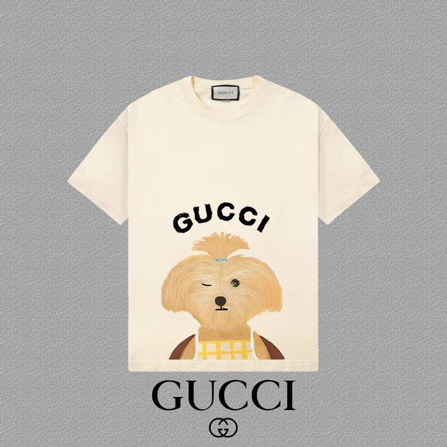 Gucci 古奇] 2025FW短袖T恤 LOGO印花 高端26s双纱300克面料 重磅面料 定制拉架罗纹同缸同染 三标齐全 男女同款 颜色：黑色 白色 杏色