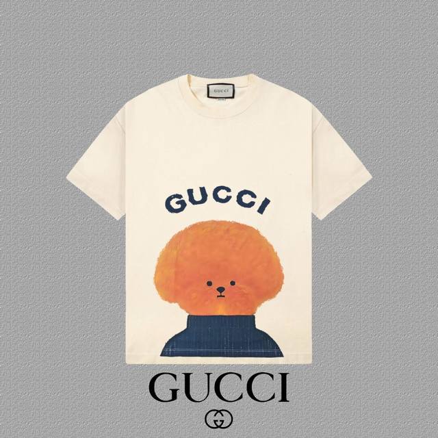 Gucci 古奇] 2025FW短袖T恤 LOGO印花 高端26s双纱300克面料 重磅面料 定制拉架罗纹同缸同染 三标齐全 男女同款 颜色：黑色 白色 杏色