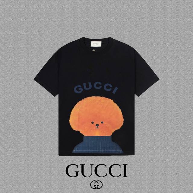 Gucci 古奇] 2025FW短袖T恤 LOGO印花 高端26s双纱300克面料 重磅面料 定制拉架罗纹同缸同染 三标齐全 男女同款 颜色：黑色 白色 杏色