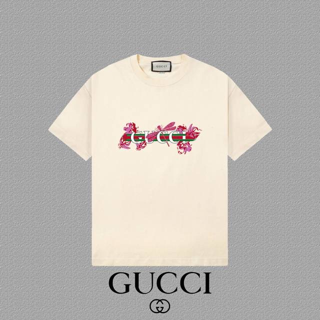 Gucci 古奇] 2025FW短袖T恤 LOGO印花 高端26s双纱300克面料 重磅面料 定制拉架罗纹同缸同染 三标齐全 男女同款 颜色：黑色 白色 杏色