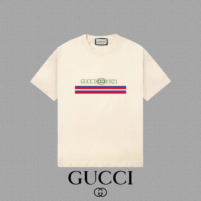 Gucci 古奇] 2025FW短袖T恤 LOGO印花 高端26s双纱300克面料 重磅面料 定制拉架罗纹同缸同染 三标齐全 男女同款 颜色：黑色 白色 杏色