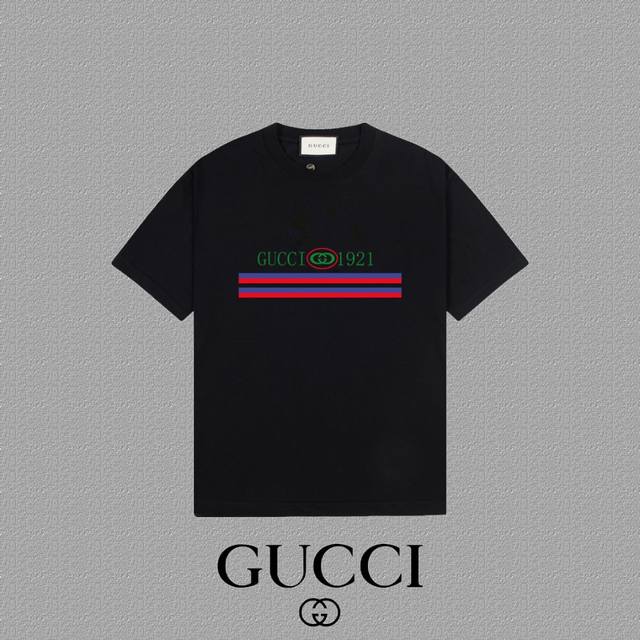 Gucci 古奇] 2025FW短袖T恤 LOGO印花 高端26s双纱300克面料 重磅面料 定制拉架罗纹同缸同染 三标齐全 男女同款 颜色：黑色 白色 杏色