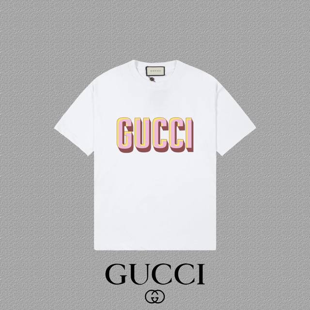 Gucci 古奇] 2025FW短袖T恤 LOGO印花 高端26s双纱300克面料 重磅面料 定制拉架罗纹同缸同染 三标齐全 男女同款 颜色：黑色 白色 杏色