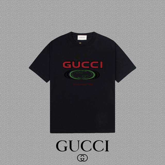 Gucci 古奇] 2025FW短袖T恤 LOGO印花 高端26s双纱300克面料 重磅面料 定制拉架罗纹同缸同染 三标齐全 男女同款 颜色：黑色 白色 杏色