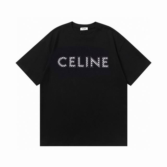 CELINE塞琳 24ss 锍钉宫格微标logo印花基础款短袖T恤 Logo标识精致升级，灵感源自八十年代复古 原版面料 官方同款 短袖T恤 定制260克同缸染