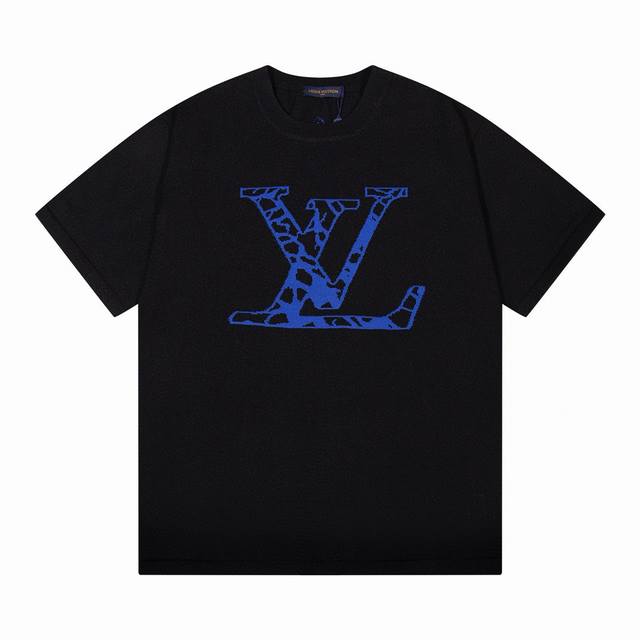 LV驴家蓝色大logo圆领提花针织T恤短袖 颜色：白色 黑色 码数：M L XL XXL