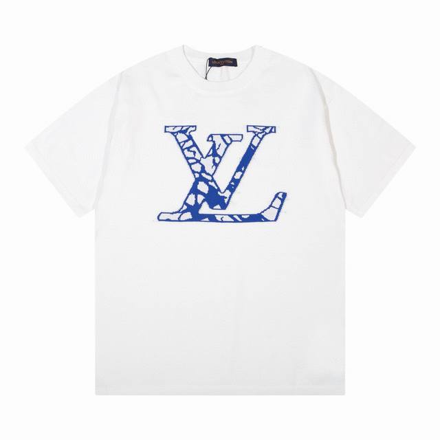 LV驴家蓝色大logo圆领提花针织T恤短袖 颜色：白色 黑色 码数：M L XL XXL