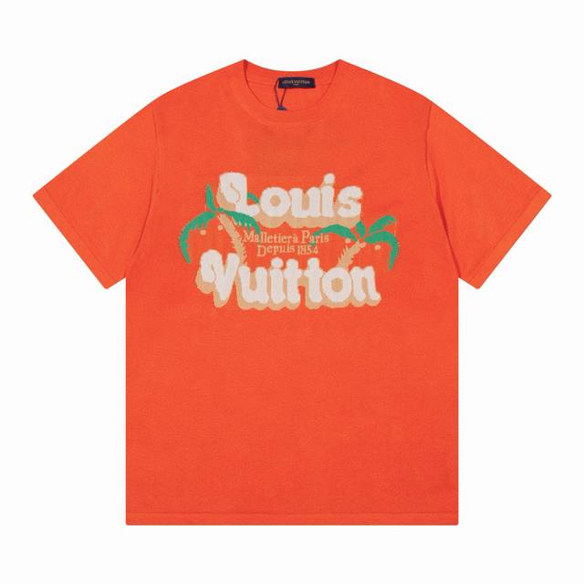 LV 路易驴家椰树涂鸦logo提花圆领针织T恤 颜色：橙色 码数：M L XL XXL