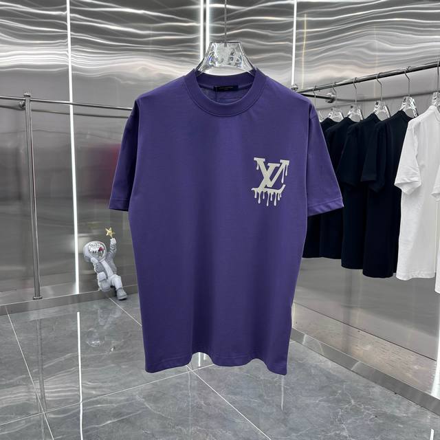 LV 2025春夏新款 个性植绒重叠印花 定制面料 男女同款宽松版 S M L XL XXL 五个码 黑色 白色 紫色 军绿色