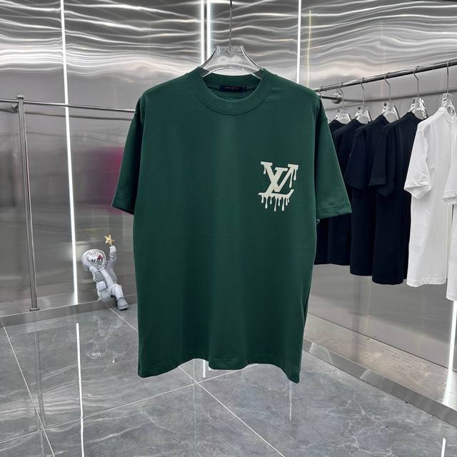 LV 2025春夏新款 个性植绒重叠印花 定制面料 男女同款宽松版 S M L XL XXL 五个码 黑色 白色 紫色 军绿色